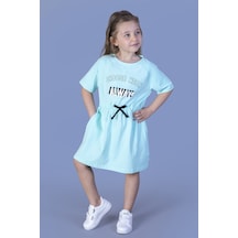 Toontoy Kız Çocuk Baskılı Taş İşlemeli Beli Lastikli İki Yanı Cepli Elbise Mint Yeşili