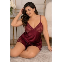 Loule Büyük Beden Bordo İnce Askılı Dantelli Saten Şortlu Pijama