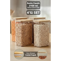 4'lü Bambu Kapak Aura Dikdörtgen Saklama Kabı - Vakum Kapaklı Hava Almaz Bakliyat Un Kabı 3100 Ml Bej