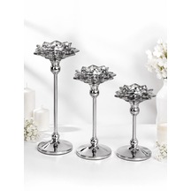 Chacha Home 3'lü Metal Ayaklı Lotus Kristal Cam Şamdan Mumluk Seti 29 Cm - 24 Cm - 19 Cm - Dekoratif Nilüfer Çiçeği Mum Standı Gümüş