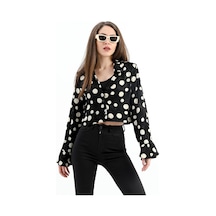 Omuzları Vatkalı Kolları Volanlı Puantiyeli Saten Gömlek - Siyah-ekru-siyah-ekru Siyah - Ekru