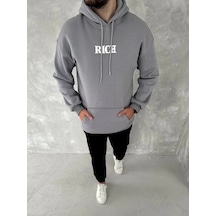 Barlashive Erkek 3 İplik Pamuklu Kapüşonlu Kanguru Cepli Baskılı Oversize Hoodie Sweatshirt - Gri Çok Renkli