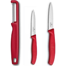 Victorinox Kırmızı Tırtıklı Soyma Bıçağı 8 Cm - 10 Cm Ve Domates Sebze Soyacağı 3lü Set Kırmızı