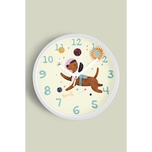 Sevimli Astronot Köpek - Uzay Çocuk Odası Modern Duvar Saati - 35cm - Önü Camlı Beyaz Kasa Beyaz