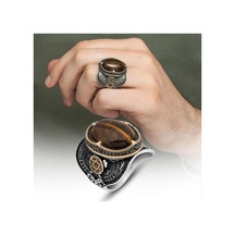 Kaplan Gözü Taşlı Süleyman Mührü 925 Gümüş Erkek Yüzük Beyaz