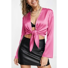 Fashion Cocktail Saten Önden Bağlamalı Dekolte Sexy Gece Kokteyl Kombin Uzun Kol Krop Bluz Pembe
