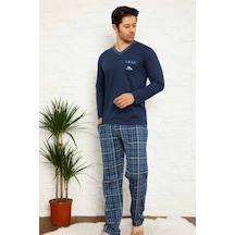 Farya Home Dreamy Ekoseli Kısa Kollu V Yaka Cepli Erkek Pijama Takımı Lacivert Beyaz Beyaz - Lacivert