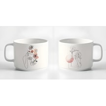 Çay Kahve Espresso Fincanı Minimal18 Çizgisel Kadın 2'li Fincan Seti Kupa 180 Ml Beyaz