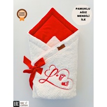 Kışlık Bebek Battaniyesi & Kundağı - Kalp Deseni İşlemeli Hastane Çıkışı Yenidoğan - Yeni Yıla Özel Ekru