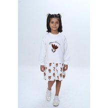 Toontoy Kız Çocuk Süzene Nakışlı Lale Baskılı Elbise Ekru