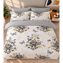 More Home Çift Kişilik Nevresim Takımı Lastikli Çarşaflı Botanik Bahçe Gri Gri Beyaz