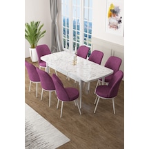 Canisa Concept Zen Serisi 80x132 Mdf Açılabilir Beyaz Mermer Desen Masa Takımı Ve 8 Mor Sandalye Masa Beyaz/sandalyeler Mor