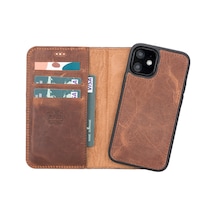 Apple Uyumlu iPhone 12 Mini Deri Cüzdanlı Kılıf G2 Antik Kahve