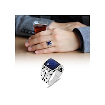 Zincir Tasarım Faset Mavi Zirkon Taşlı 925 Ayar Gümüş Erkek Yüzük (457819339)