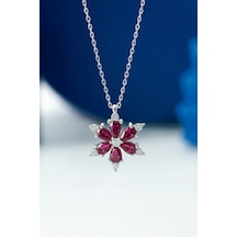 Çekirdekjewelry 925 Ayar Gümüş Ruby Taşlı Kamelya Çiçeği Kolye Gri