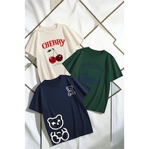 Uyguntarz Unisex Bej Lacivert Yeşil 3'lü Tasarım Tshirt Seti Çok Renkli