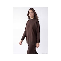 LC Waikiki Alıta Cıty Farkıyla Kahverengi Triko Düz Oversize Kadın Tunik Kahverengi - 931178559 Kahverengi