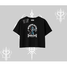 Tarzsokak Detective Kitten Kedi Baskılı Oversize Crop Tshirt Siyah
