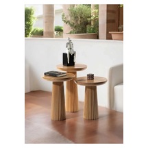 Wood Wooden 3 Lü Set Fitilli Mantar Yan Sehpa Modern Ahşap Renk F