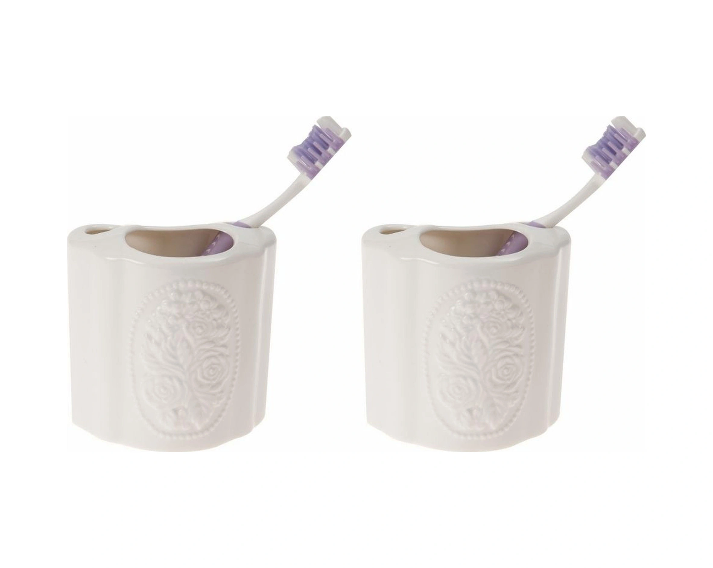 2 Adet Seramik Diş Fırçalık Çiçekli Oval Model 8x5x10cm Banyo Seti Çok Renkli