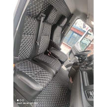 Ford Transit 2015 2022 Arası Uyumlu 2+1 Beyaz Nakışlı Deri Siyah Deri Karışımı Beyaz Ip