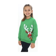 Toontoy Kız Çocuk Noel Baba Geyiği Baskılı Sweatshirt Çimen Yeşili