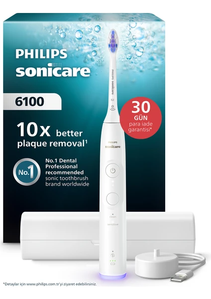 Philips Sonicare 6100 Şarjlı Diş Fırçası, 21 Gün Şarj, 10 Kat Plak Temizliği, Işıklı Basınç Sensörü, Ektra Nazik, 6 Mod, Seyahat Kabı, Beyaz, Hx7400/06
