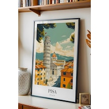 Pisa Italy Vintage Seyahat Posteri Çerçeveli Tablo - Premium Eğik Kule Elit Duvar Dekoru Siyah