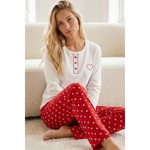 Siyah İnci Nakışlı Pamuklu Likralı Bisiklet Yaka Örme Pijama Takım 26240284 Ekru