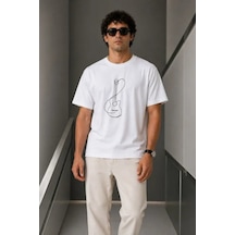 Efnaz Style Erkek Minimal Gitar Baskılı Tişört T-shirt Yazlık Kısa Kol Bisiklet Yaka T-shirt - Beyaz