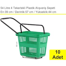 4 Tekerlek Plastik Alışveriş El Sepeti 54 Litre Yeşil 10 Adet / En:42 Boy:54 Yükseklik:44 Cm