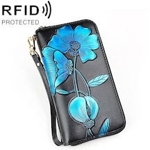 907 Antimanyetik Rfıd Kadın Çiçek Desenli Büyük Kapasiteli El Cüzdanı Telefon Çanta Kart Yuvaları İle Mavi