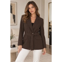 Lima Acı Kahve Kadın Kuşaklı Blazer Ceket Klasik Yaka Tek Düğmeli Cepli Şık Ceket