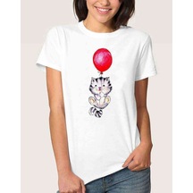 Watercolor Cat And Balloon Kadın Beyaz Tshirt