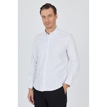 İmza Uzun Kol Düz Bez Ayağı Düğmeli Yaka Cepsiz Pamuklu Casual Slim Fit Gömlek 1004250212 Beyaz