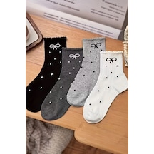 Hitit Socks Kadın 4 Çift Kurdale Ve Puantiye Desenli Günlük Kullanıma Uygun Japon Tarzı Kolej Çorap Asorti