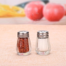 Yuvarlak Kapaklı Cam 2'li Tuzluk 20ml Mini Tek Kişilik Tuzluk-karabiberlik Seti Cam Gümüş Diğer