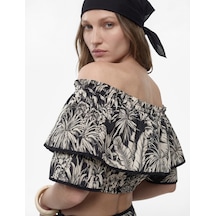 Koton Salda Kumaş Floral Desenli Fırfırlı Omuzu Açık Crop Bluz Siyah Desenli 6sak60174ew