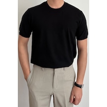 Cool Tarz Erkek Siyah Slim Fit Bisiklet Yaka Triko T-shirt Siyah Siyah