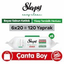 Sleepy Easy Clean Beyaz Sabun Katkılı Yüzey Temizlik Havlusu Çanta Boy 6x20 120 Yaprak Beyaz