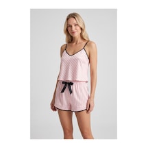 Laperissa Pudra Çizgili Biye Ve Kurdele/fiyonk Detaylı Saten Şortlu Dokuma Pijama Takımı Pembe