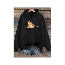 Medinenur Fermuar Desenli Kedili Kapüşonlu Oversize Sweatshirt Siyah