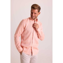 Erkek Turuncu Yaka Düğmeli Slim Fit Keten Gömlek