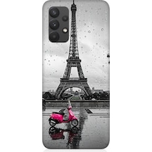 Samsung Galaxy A32 Uyumlu Yağmurda Eyfel Ve Scooter Desenli Silikon Kılıf Çok Renkli