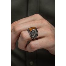 Kaplan Gözü Taşlı Oyma Desenli 925 Gümüş Erkek Yüzük
