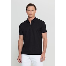 Erkek Sıyah Pamuklu Slim Fit Dar Kesim Fermuarlı Yaka Jakarlı Esnek Tişört Siyah