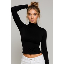 Rich Kadın Siyah Yarım Balıkçı Yaka Uzun Kollu Crop Bluz Siyah