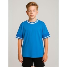 Çocuk Yaka Nervürlü Pamuklu Oversize Kalıp T-shirt-16023 Mavi