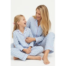 Siyah İnci Mavi Beyaz Çizgili Düğmeli Biyeli Örme Pijama Takım
