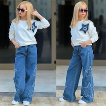 My Kids Wear Kız Çocuk 2 Li Sweatshirt & Kot Pantolon Takımı Yıldız Detaylı 12491 Açik Mavi